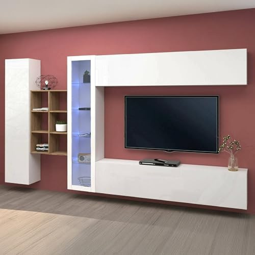 Dmora - Ausgestattete Wand Dino, 4-türiges TV-Ständer-Wohnzimmerset, Mehrzweck-Wohnzimmermöbel mit Vitrine und LED-Licht, 100% Made in Italy, 280 x 30 x 180 cm, glänzendes Weiß und Ahorn,