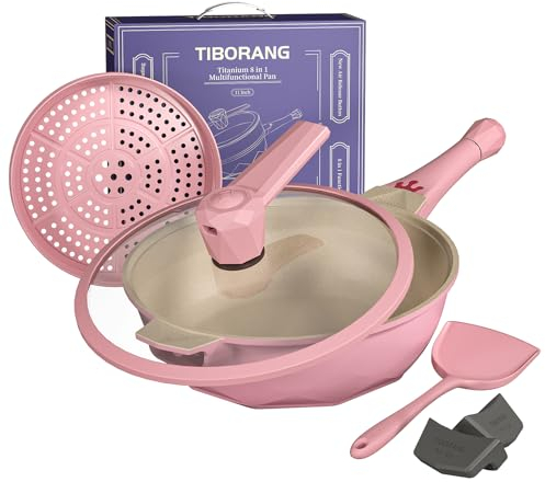 TIBORANG 8 in 1 Frying Pans Nonstick,11 Frying Pan Skillet with Lid,Steamer for Cooking,All in One Pan Cookware for All Stoves,Woks & Stir-Fry Pans Nonstick,Saute Pan PFAS-Free/PFOA Free(Dusty Rose)