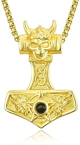 KINGWHYTE Viking Wolf Thor Hammer Necklace 925 Sterling Silver Skull Talisman Necklace Vintage Norse Mjolnir Amulet Pendant for Men Women(Gold Plated)