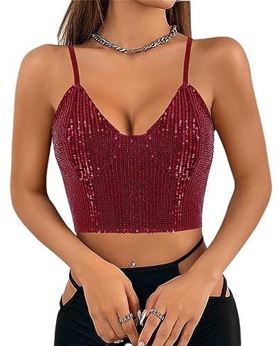Segreto Damen Glitzer Pailletten Tanktop Spaghettiträger | Sexy Crop Top, Ärmellos Trägertop, Festival Party Club Metallisch Schwarz Camisole