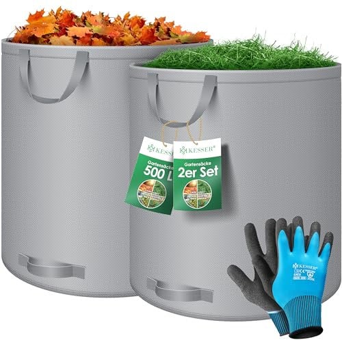 KESSER® Gartensack 2x 500L Set Laubsack Gartenabfallsack inkl. Handschuhe - Selbststehend 4 Griffe Stabil Robust & Faltbar - Laubsäcke Rasenschnitt Gartensäcke für Gartenabfälle Grünschnitt Grau