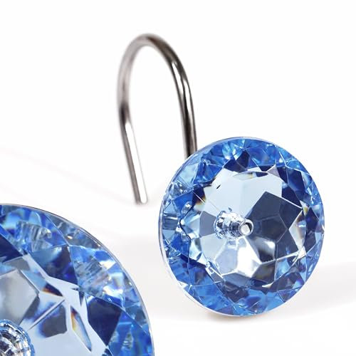 Blaue Kristall-Duschvorhanghaken: Glitzernde Glanz Funkelnde Runde Diamant-Dekorative Duschvorhanghaken für das Badezimmer - Luxuriöse Glamouröse Strass-Duschvorhangringe - Set von 12