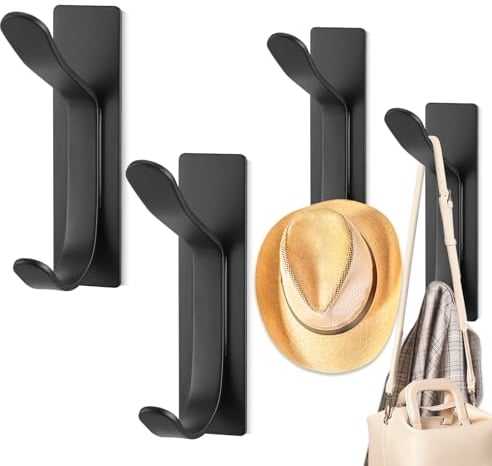 4Pcs Perchas Pared, Negro Ganchos Pared, Inoxidables Colgador Toalla Baño Adhesivo, Doble Perchero Pared Negro, Colgar Toallas Baño sin Agujeros, Perchero Adhesivo Pared para Abrigo Ropa Bolsa
