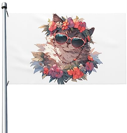 Aliment Niedliche Katze mit Sonnenbrille und Girlande, Gartenflagge, einlagig, doppelseitig bedruckt, Metallschnalle, 90 x 150 cm, für den Außenbereich, Haus, Garten, Dekoration
