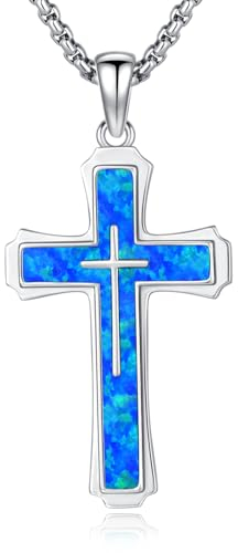 TRISHULA Blaue Opal Kreuzkette für Frauen Männer 925 Sterling Silber Kreuz Anhänger Blaue Opal Halskette Christliche Halskette Kreuz Schmuck Geschenke für Amulett Talisman