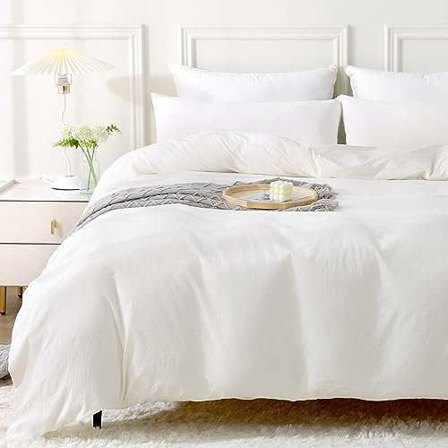 MILDLY Housse de Couette 240x260 Coton, Blanc Laiteux Parure de Lit 240x260 Adulte avec 2 Taie d'oreiller 65x65 cm, 100% Coton Lavé, Certifié Oeko-TEX, Parure Housse Couette avec Fermeture Éclair