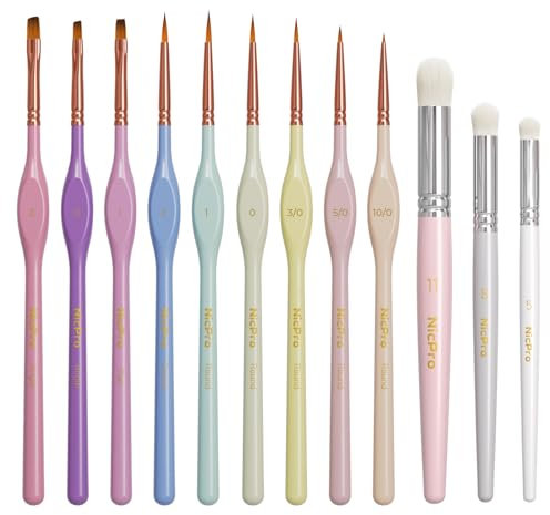 Nicpro 12 Pastell Feine Pinsel, Drybrush, Modellbau Pinsel für Acryl, Aquarellfarben, Detailpinsel und Dry Brush Set für Miniaturmalerei, Modell, Malen nach Zahlen, Schulmalpinsel