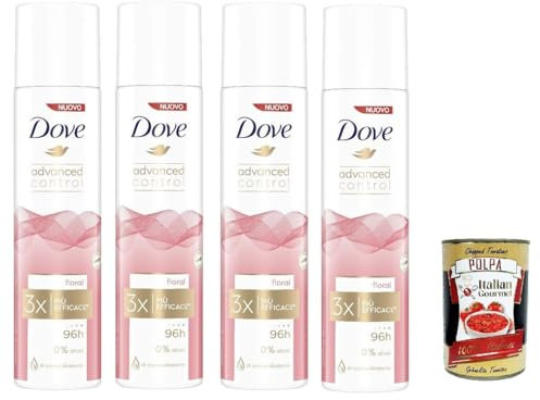 Dove Advanced Control Floral Lot de 4 déodorants en spray 0 % alcool, protection 96 h, 4 x 100 ml + Italian Gourmet Polpa 400 g
