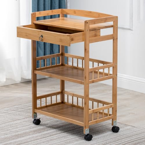 3-Tier Rolling Bar Serving Cart,Bamboo Mobile Trolley Cart mit Schublade & Fence,Multifunktionale Mikrowelle Wagen mit Abschließbaren Rädern & Griff für Küche Restaurant(Size:31.5,Color:Natur)