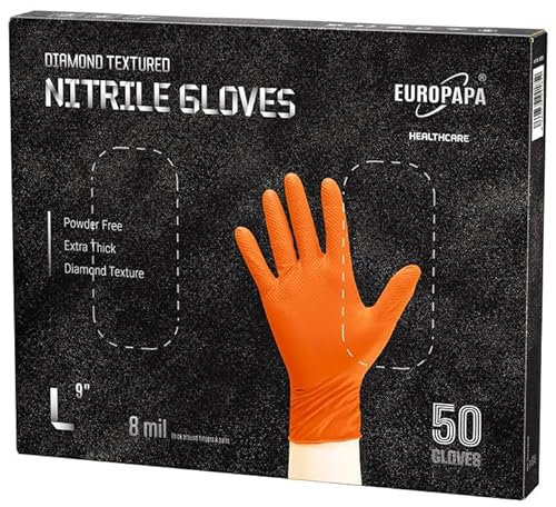 EUROPAPA 50 guanti in nitrile extra spessi da 8 g, con diamante, colore nero e arancione, Perfect Grip, guanti da lavoro senza polvere (Arancia, L)