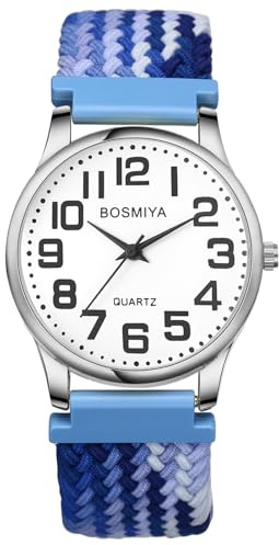JewelryWe Geflochten Elastische Uhr für Damen Herren Kinder, Einfache Analog Quarz Armbanduhr Gewebt Stretcharmband Lässige Uhr mit großen Zahlen Zifferblatt & Gold Gehäuse für Senioren