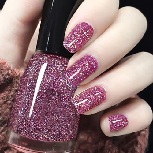 Glitter Nail Polish - Dark Blue Glitter Nail Polish, Glitter Nail Varnish for Women Girls, Quick Dry & Long Lasting Nail Polish No Need Cure Nail Paint for DIY Nail Art Home Manicure (25#Pink Violet)