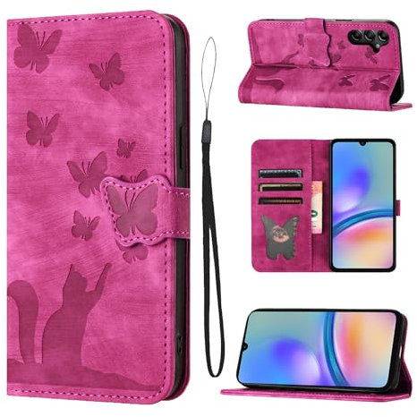 LSPCASA Handyhülle für Samsung Galaxy A05S 6,7 Zoll PU Premium Lederhülle mit Standfunktion Kartenfächern Klappbar Flip Case Schmetterlingsmuster Schutzhülle für Samsung Galaxy A05S-Rosa