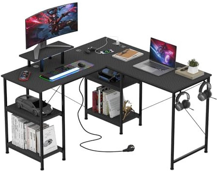 Bureau Gaming en L, Bureau D'Angle Gaming avec Rangement, Angle Réversible Table Forme L Bureau, Bureau Informatique Angle avec 2 Prises et 2 Ports USB et Support pour écran,130-130x50x75cm (Type L)