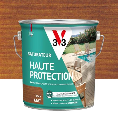 V33 Saturateur bois extérieur Teck mat - Pour terrasses et mobilier de jardin - Haute résistance eau chlorée, UV et graisse - Sans essuyage et non glissant - Résine d'origine végétale - 2,5L