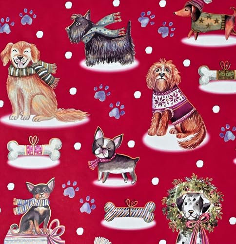 Rouleau de papier cadeau de Noël - 70 cm x 2 m - Motif chiens de Noël - Rouleau de papier cadeau de Noël pour les amoureux des chiens - Bordeaux