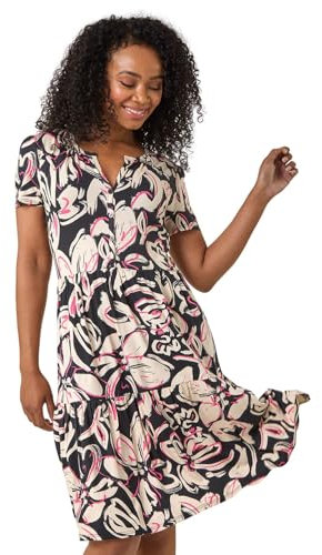 Roman Originals Swing Tea Dress Women UK Ladies Skater Midi A Line Fit & Flare Summer Casual Smart Spring Cocktail Party Going Out Work Cruise Button Through Long Pocket - Petite Black Pink - Size 18