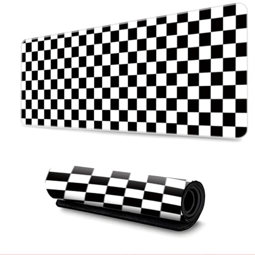 Surwin Damier Tapis de Souris Gamer avec Bords Surpiqués et Base en Caoutchouc Antidérapante Grand sous Main Bureau pour Clavier et Souris, Mouse Pad pour Gaming (300x600mm,Noir Blanc)