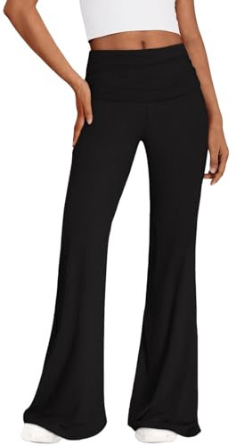 REORIA Damen Einfarbige Leggings Schlaghose Gym Leggings Yogahose mit weitem Bein und gerafftem Gummibund Schwarz M