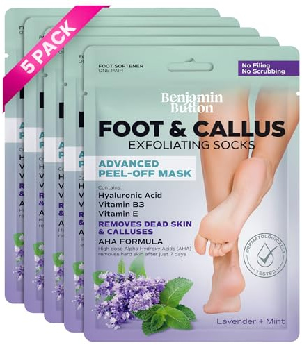 Benjamin Button Luxury Foot Peel Mask - 5x Pairs | Removes Hard Dead Skin, Calluses & Cracked Heels| Shea Butter, Lavender & Mint | Exfoliating Treatment, Smooth Feet | Foot Spa, Moisturising Socks