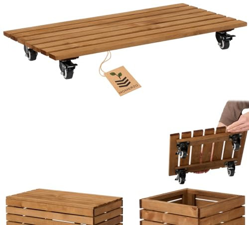 HOMERZO Pflanzenroller witterungsbestaendig - 90 kg Tragkraft - Rollbrett Pflanzen - Untersetzer Blumentopf - Blumenroller - Rollen mit 2 Feststellern (Braun, 67 x 36 cm)