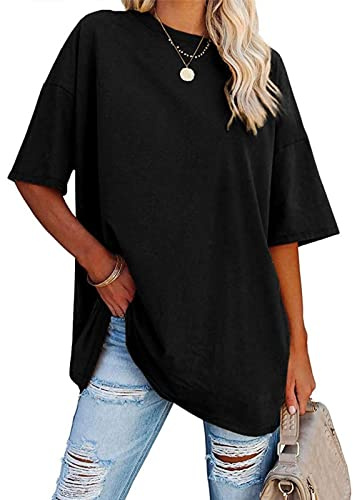 FDKLOOK Womens Oversized T-Shirt Half Sleeve Crew Neck Casual Cotton Tops | Cotton Fabric,Short Sleeve,Summer Casual Tees,Pullover Loose Fitted,Drop Shoulder,Plain Tops,Baggy Oversized Shirts