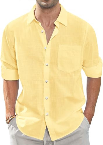 J.VER Men's Long Sleeve Linen Shirt Regular Fit Casual Summer Beach Shirts with Pocket Yellow L