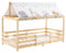 Bonnlo Kinderbett Hausbett mit Rausfallschutz, 90x190cm Bodenbett mit süßem Tiermotiv-Stoffdach, Spielhaus-Bett aus Kiefernholz in Natur, 195x95x141cm