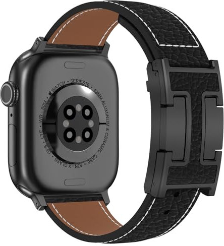 CHANCHY Bracelet en cuir pour Apple Watch 40 mm, 41 mm, 42 mm (Series 10), bracelet de rechange en cuir véritable pour Apple Watch Series 10, 9, 8, 7, 6, 5, 4, 3, 2, 1 et iWatch SE, noir avec boucle