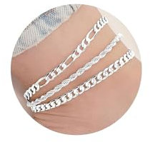 BelleVive 3 Pieces Sterling Silver Anklets for Women with Strong Clasp, Cuban Link, Figaro, Flat Mariner, Snake Herringbone, Paperclip, Waterproof Anklet