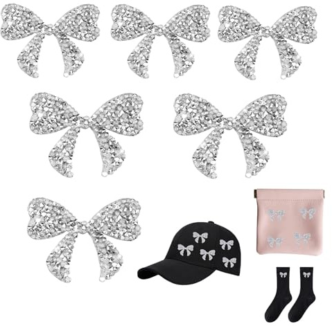 6 Stück Glitzer Bügelflicken, Flicken zum Aufbügeln, Patches zum Aufbügeln Strass Schleife, Aufnäher zum aufbügeln, Bügelbilder für Kostüm Haarschmuck DIY Dekoration (Silber-Weiß 1)