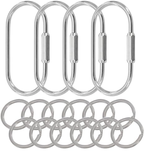 Key Chain, Silver Carabiner, Durable Brass Key Rings 4 Pack, with 12 Rings Carabiner Keychain Clip, Simple Style Car Screw Lock Key Organizer for Men and Women