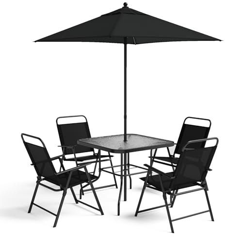 TANGZON 5/6 Pieces Outdoor Folding Dining Set, Patio Glass Table and 4 Foldable Chairs with Parasol, Garden Furniture Set for Backyard Poolside Porch Balcony (6 PCS with Parasol)