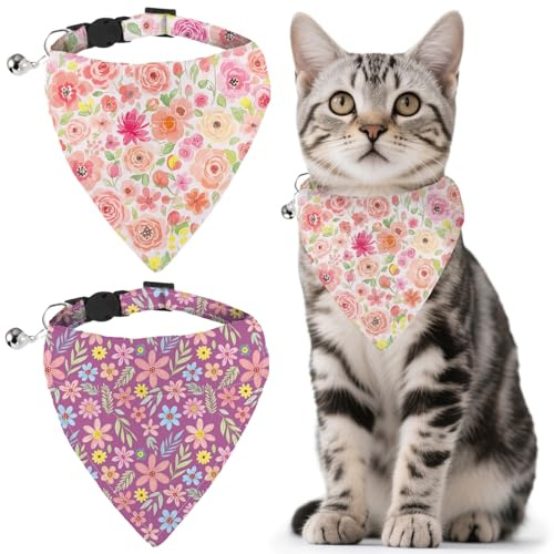 GLOBLELAND 2er Set Blumen Katzenhalsband 2in1 abnehmbarem Bandana Glocke | Blumen Bandana Katzenhalsband 25-30 cm Bandana 9,5–10 cm für Kitten Katzen und kleine Hunde