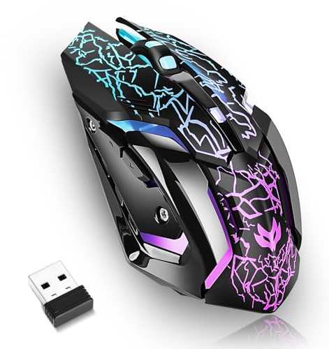 Wireless Gaming Mouse, Rechargeable Wireless Computer Mouse with Type-C Fast Charging, Ergonomic Mouse with 3 Adjustable DPI, 6 Silent Buttons, LED Light, Long Battery Life for Laptop, PC, Mac