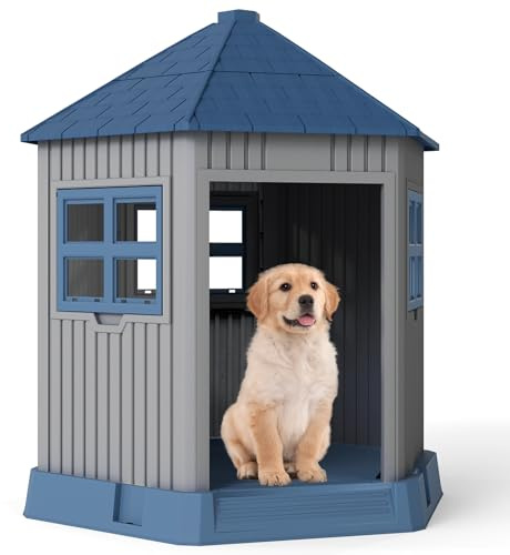 GOPLUS Hundehütte Outdoor, Hundehütte wetterfest mit Oberlicht & Belüftungsöffnungen, Hundehaus mit erhöhtem Boden, Haustierhaus für Drinnen & Draußen, Hundehöhle wetterfest, Tierhaus, Hundezwinger