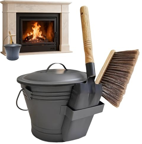 Ascheeimer Mit Deckel, Holzkohle Kohleeimer Set Mit Schaufel Und Handbesen, Runder Kohleeimer Für Kamine, Werkzeugset Zubehör Für Kamin, Feuerstelle, Kohleeimers Kamineimer, Metalleimer