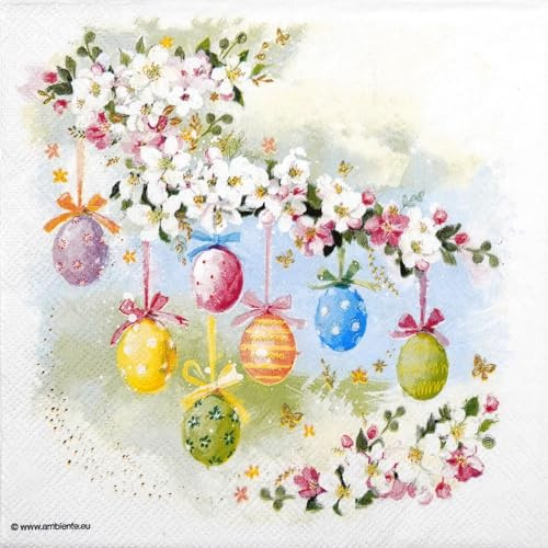 20 Servietten Ostern Ostereier an Blütenzweig als Tischdeko. Papierservietten mit Motiv. Auch für Decoupage und Serviettentechnik 33x33cm