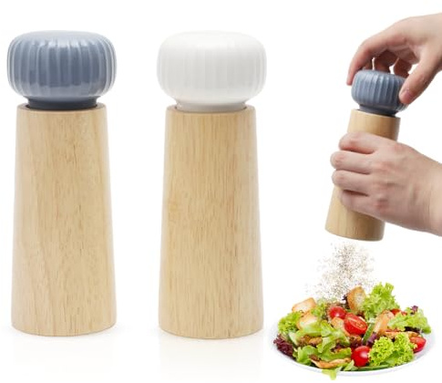 Salz und Pfeffer Mühlen Set aus Holz und Keramik, 17,5 cm, Manuelle Gewürzmühlen mit einstellbarem Mahlwerk, stufenlos fein bis grob, rutschfest, einfach nachfüllbar