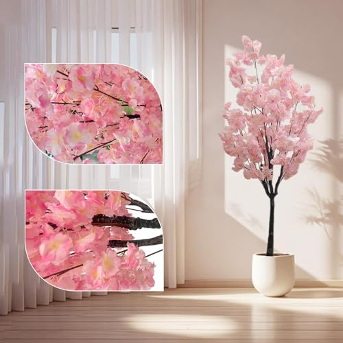 Garvee Cerisier Artificiel Sakura - 150 cm - Grand Arbre avec Fleurs Roses dans Pot Blanc - Décoration Intérieur pour Mariage Maison Bureau