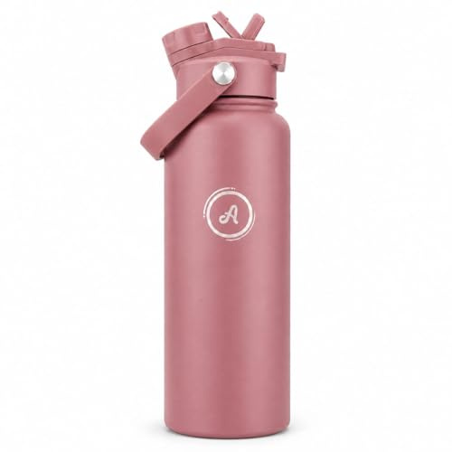 Austika Trends 2-in-1 40oz Stainless Steel Water Bottle with Straw and Leakproof Spout Lid, Insulated Sports Bottle with Handle for Gym, School and Travel (Dusty Rose)