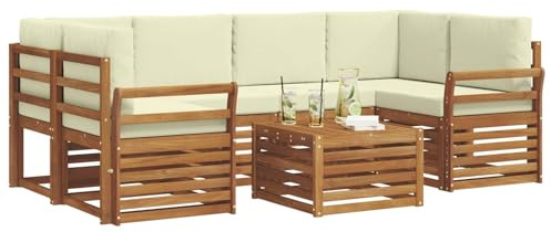 vidaXL Sofagarnituren 7 pcs Natur und Creme Massivholz Akazie, Garten-Sofa-Eckgarnitur, strapazierfähiges Lounge-Möbel, modernes Patio-Set für chilliges Terrassenleben