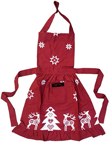 Ragged Rose Delantal de Navidad – Delantal de algodón para cocinar y lavar platos – Delantal con volantes con correa ajustable para el cuello, bolsillo frontal y corbatas – Delantal vintage para