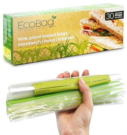 Ecobag- 30 Pack Reusable Freezer/Sandwich Bags - 2.5 Litre Size, 35 Microns - Eco-Friendly Sugarcane Plastic - Recyclable & Reusable- 200x250mm