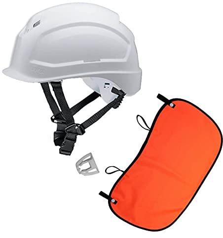 Schutzhelm pheos S-KR EN 397- Vormontierter 4-Punkt Kinnriemen und Vollsichtbrillenclip + Nackenschutz orange mit BG BAU Förderung, Farbe:weiß