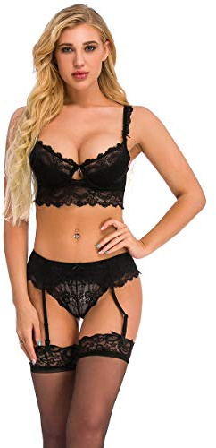 Bluewhalebaby Sexy Lingerie Push Up Padded Lace Bra and Knickers Lingerie Set (Suspender & Stockings Optional)
