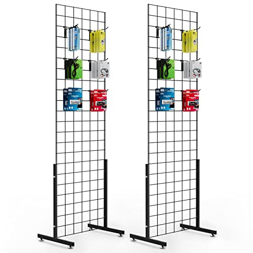 Bonnlo 6' x 2' Wire Grid Panel Tower with T-Base Floorstanding, Thicker 5mm Wire, 180 LBS Weight Capacity Grid Wall Display Rack with Hooks 4, 6 and 8, 2-Pack Black