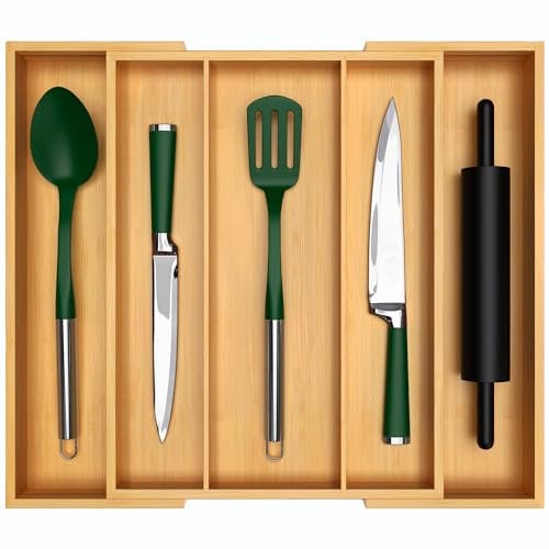 ROYAL CRAFT WOOD Organizador de cajones de cocina de bambú de lujo y organizador de utensilios expandible, soporte para cubiertos y bandeja de cubiertos para organización de cocina, 19.6 x 17