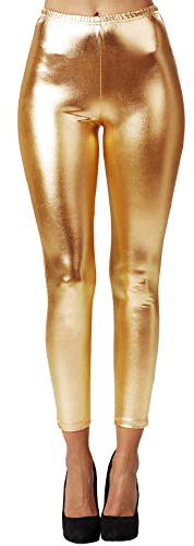 dressforfun 901008 Damen Metallic Leggings, glänzende Hose mit hoher Taille, Shiny Leggings im Wet Look für Party Tanz Disco Kostüm Fasching Karneval - Diverse Größen - (XXL | Gold | Nr. 303596)