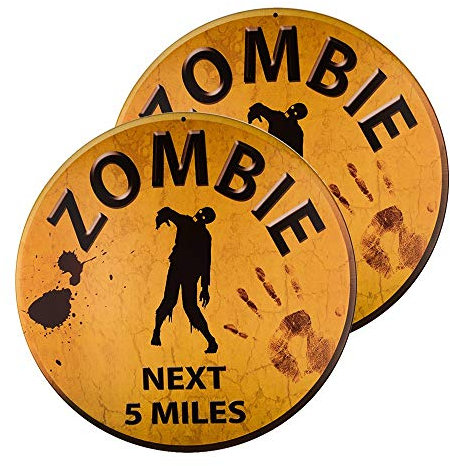 dojune - 2 Stück Vintage Zombies Next 5 Miles Metallschild, Used-Look, 30,5 cm, rund, Metall-Wanddekoration